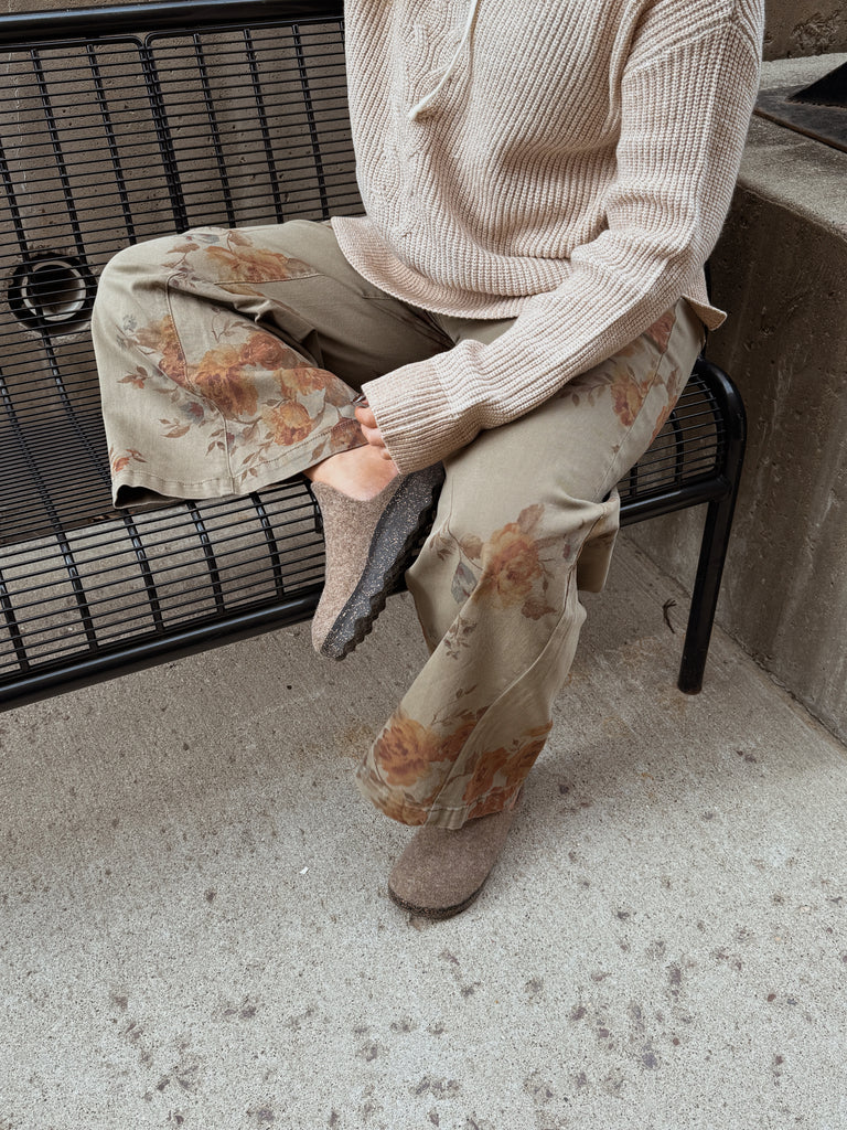 Olive Floral Print Straight Leg