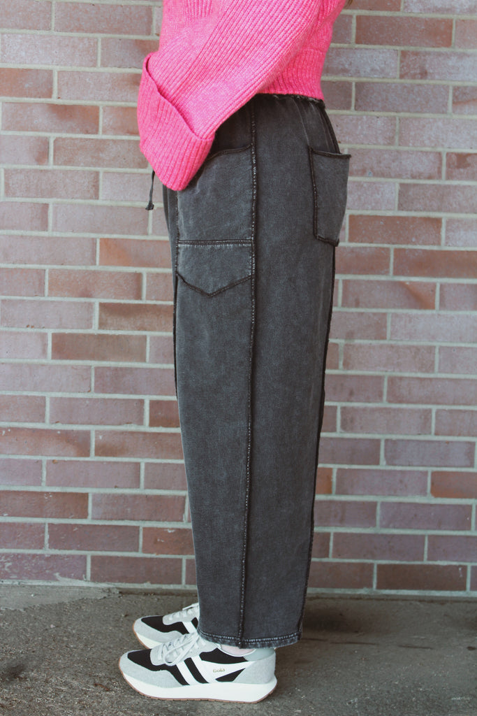 Mineral Washed Terry Knit Pants Black