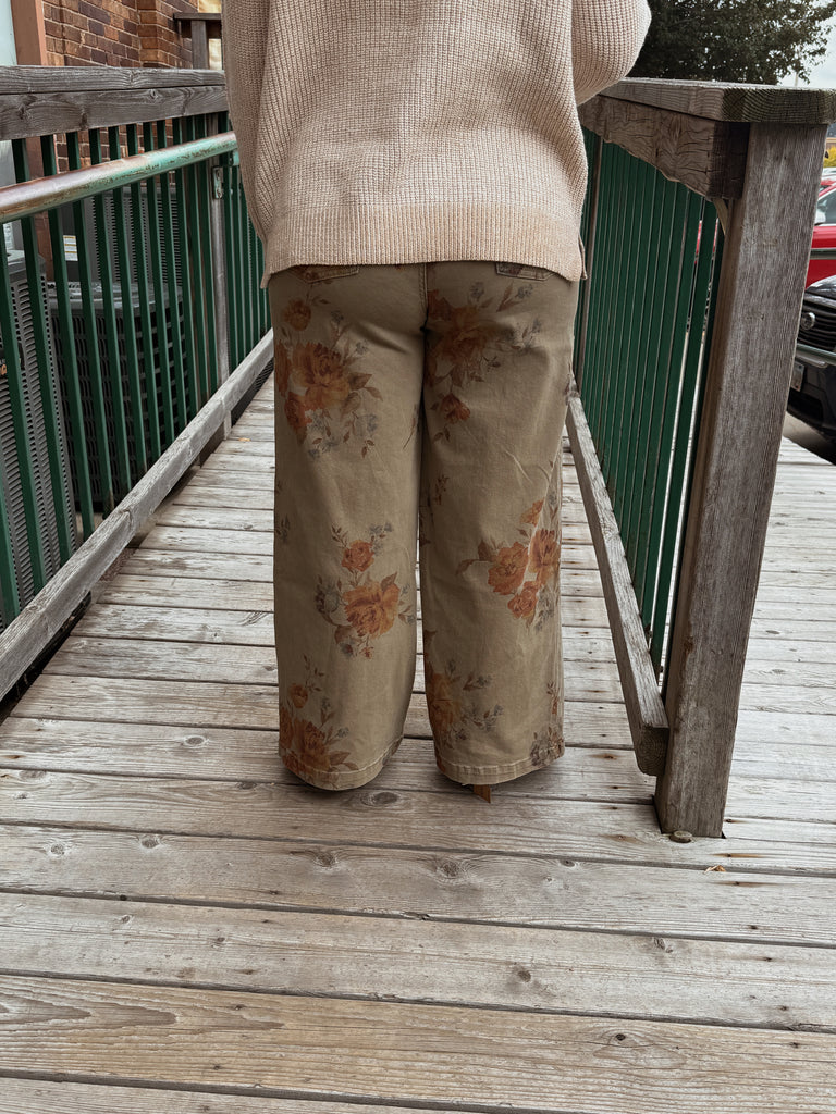 Olive Floral Print Straight Leg