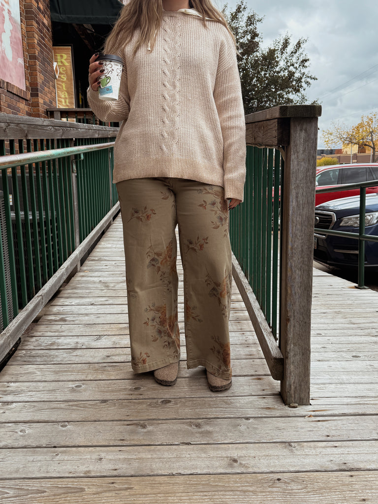 Olive Floral Print Straight Leg